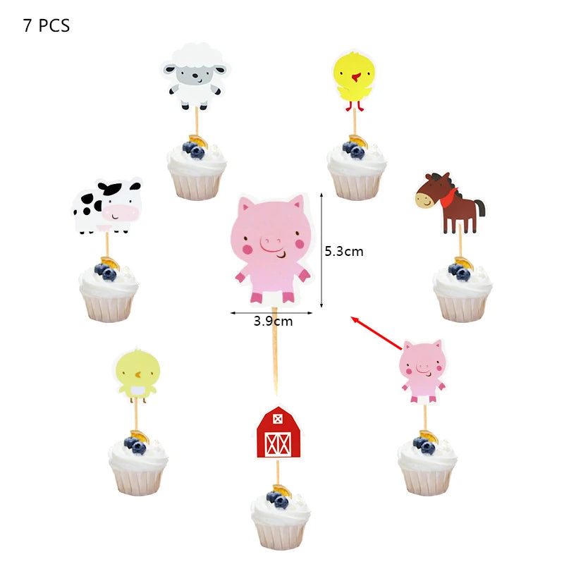 A set of seven farm animal cake toppers, including a cow, duck, pig, and horse, for a birthday party decoration kit.