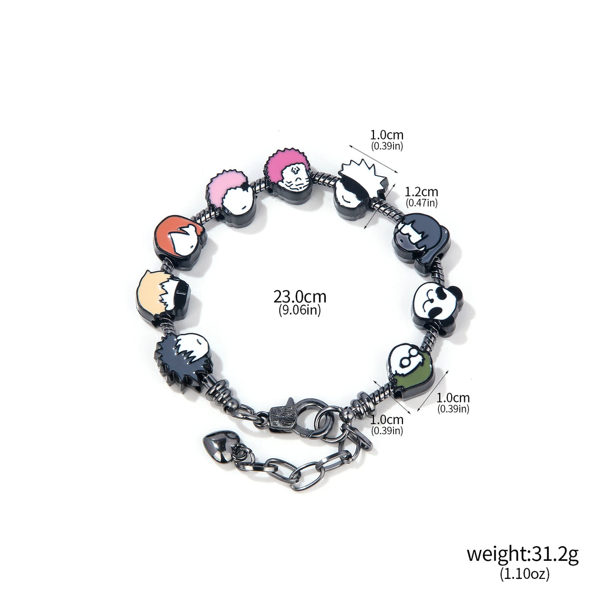 A charm bracelet featuring Jujutsu Kaisen characters Itadori, Fushiguro, and Gojo.