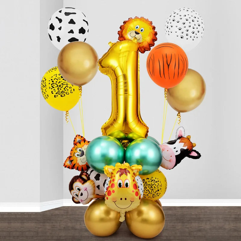 A collection of gold and orange balloons featuring jungle safari animal patterns and a large number one balloon.