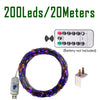 A coil of 20 meters of purple and orange fairy string lights with a remote control and battery holder.