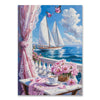 A diamond painting kit featuring a scene with pink roses, white sails on a boat, and a pink curtain.