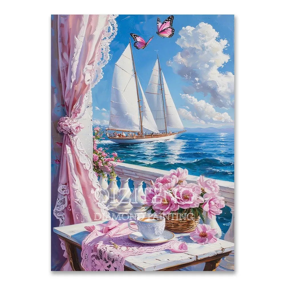 A diamond painting kit featuring a scene with pink roses, white sails on a boat, and a pink curtain.