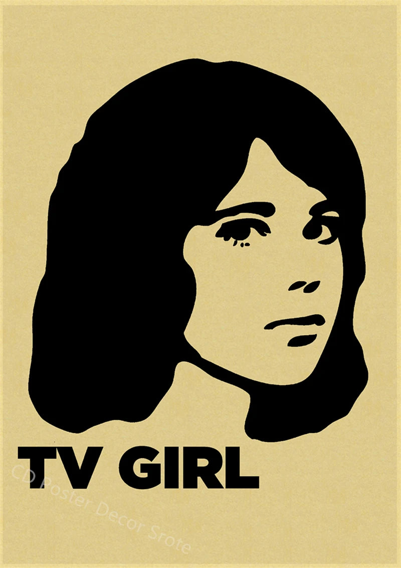 A black silhouette of a woman's face with shoulder-length hair against a beige background, titled TV GIRL.