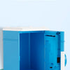 A bright blue automatic mini cash saving piggy bank with a clear compartment and white accents.