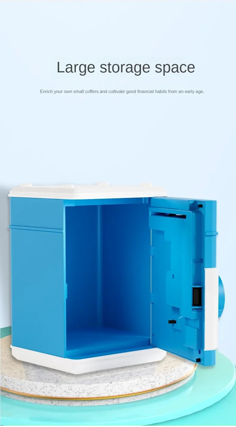 A bright blue automatic mini cash saving piggy bank with a clear compartment and white accents.