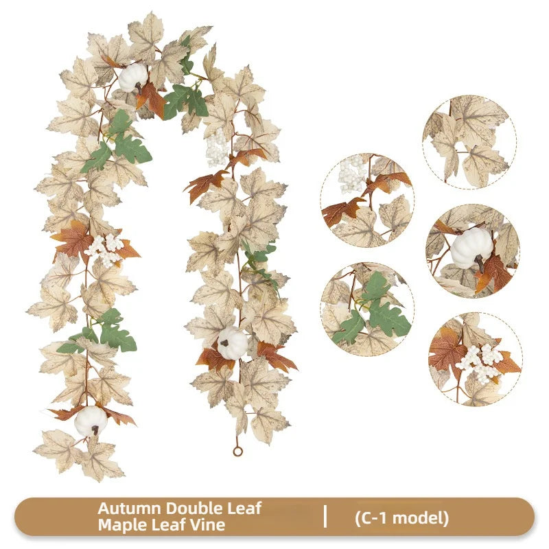 Artificial double leaf maple vine garland featuring brown and green leaves and white berries for autumn decor