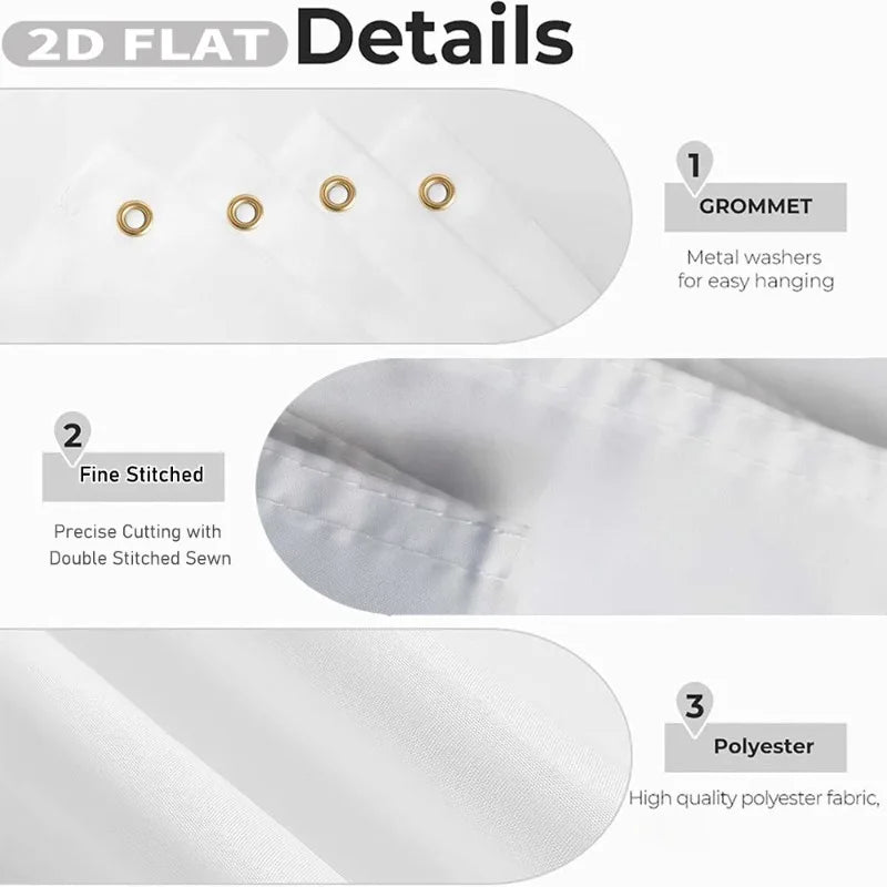 Details of a custom polyester flag banner showing grommets, fine stitching, and polyester fabric.