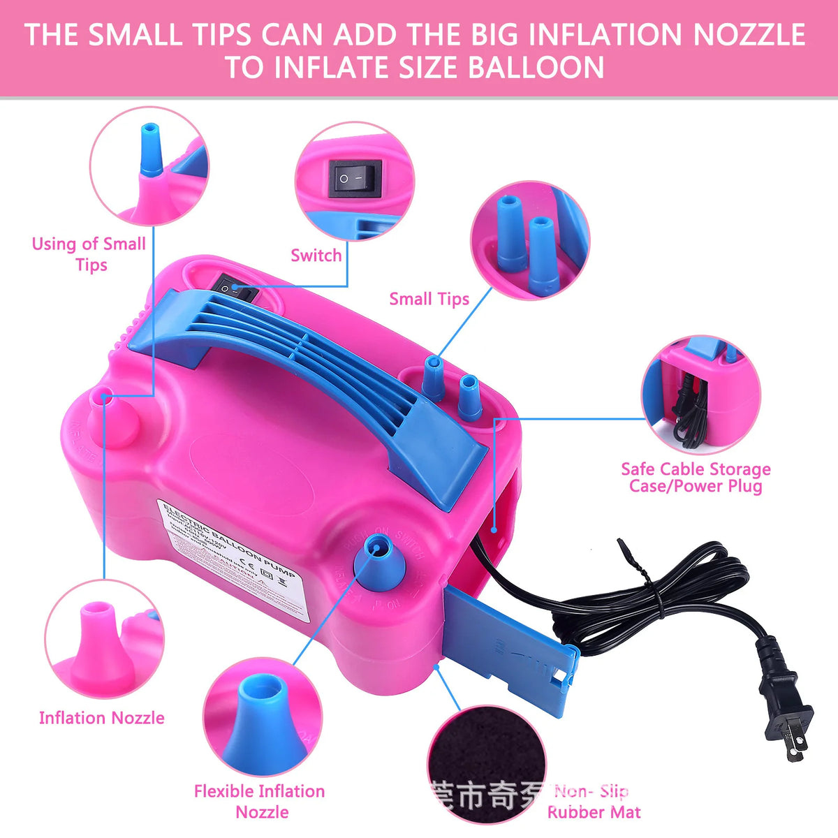 Pink electric balloon inflator pump with various tips and accessories for inflating balloons.