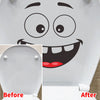 Before and after comparison of a funny cartoon face toilet decal