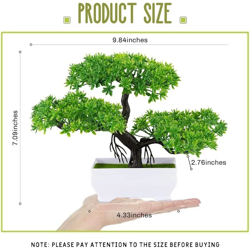 A small artificial bonsai tree decoration is shown next to a hand, with dimensions provided.