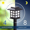 A black solar-powered LED pathway light fixture is shown with a circular graphic indicating 4 hours of charging and 8 hours o