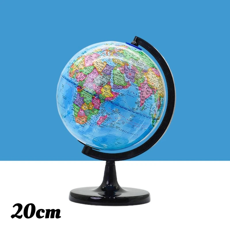 A desktop educational globe showing the world map with HD English features.