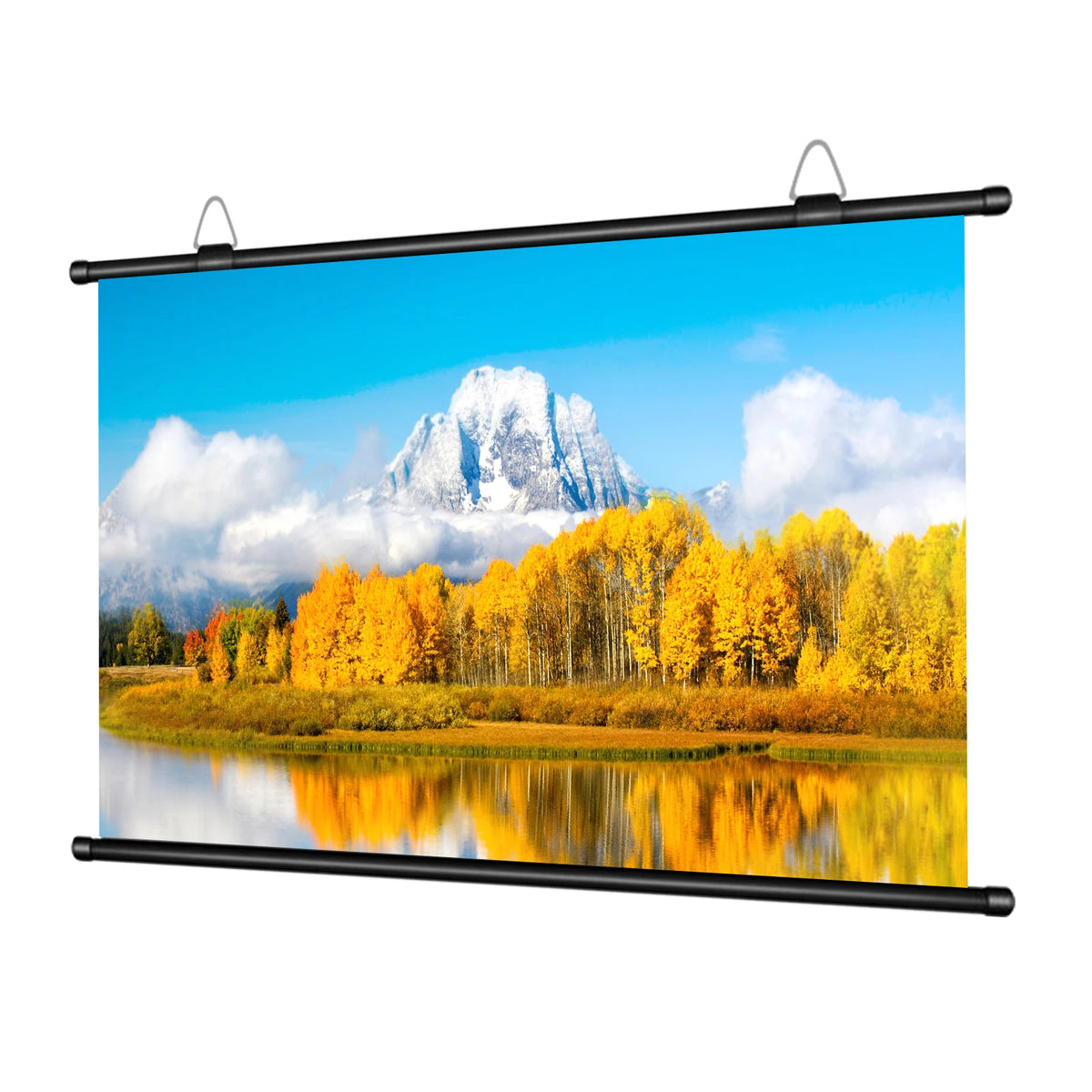 A horizontal projection screen displaying a vibrant landscape with mountains, yellow autumn trees, and a reflective body of w