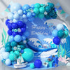 A vibrant arrangement of pastel blue and teal latex balloons forming a birthday scene with sea creatures and waves.