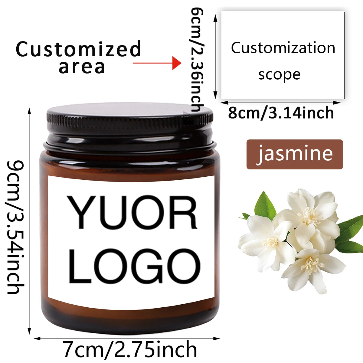 A dark glass jar candle with a white label featuring the text YOUR LOGO and a jasmine flower illustration.