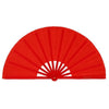 Red Tai Chi performance fan with durable plastic ribs, shown flat.