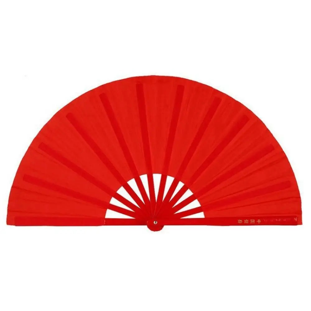 Red Tai Chi performance fan with durable plastic ribs, shown flat.
