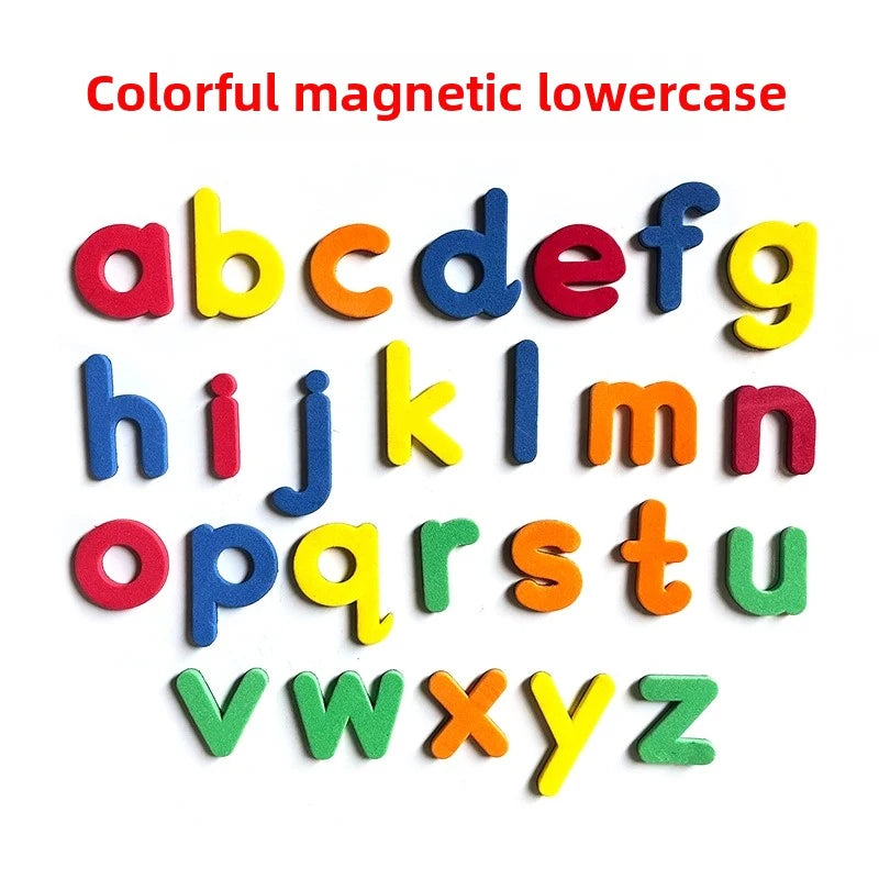 Colorful magnetic lowercase alphabet set showing letters a through z arranged in rows.