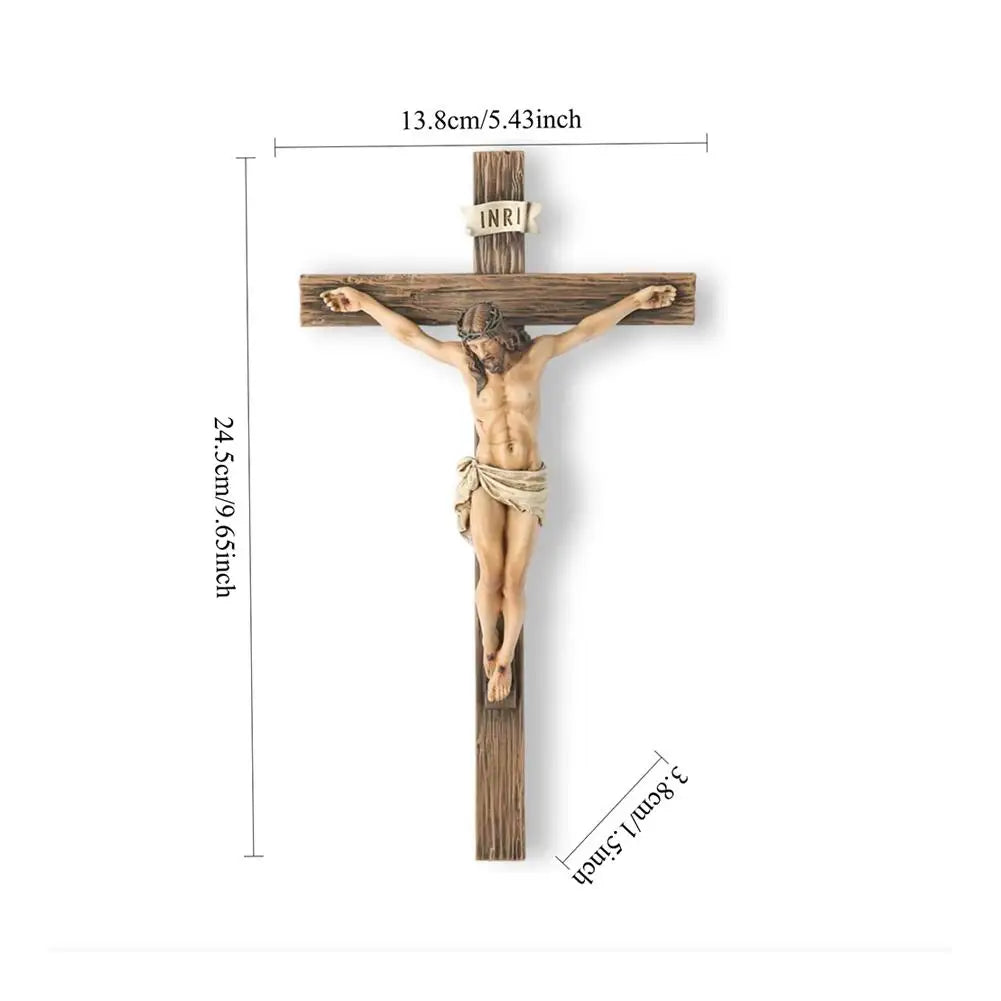A hand-painted resin cross statue depicting Jesus Christ on a wooden cross for home decor.