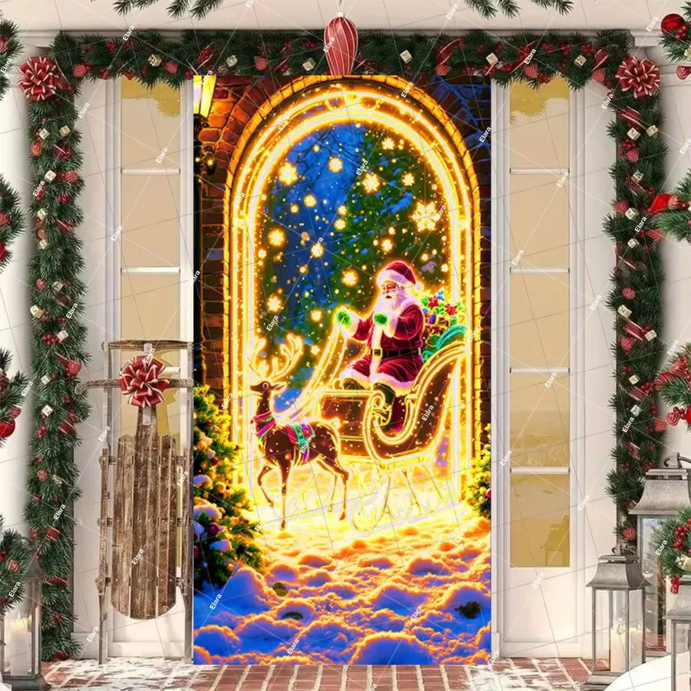 Christmas banner featuring a glowing Santa and elk in an arched doorway decorated with greenery