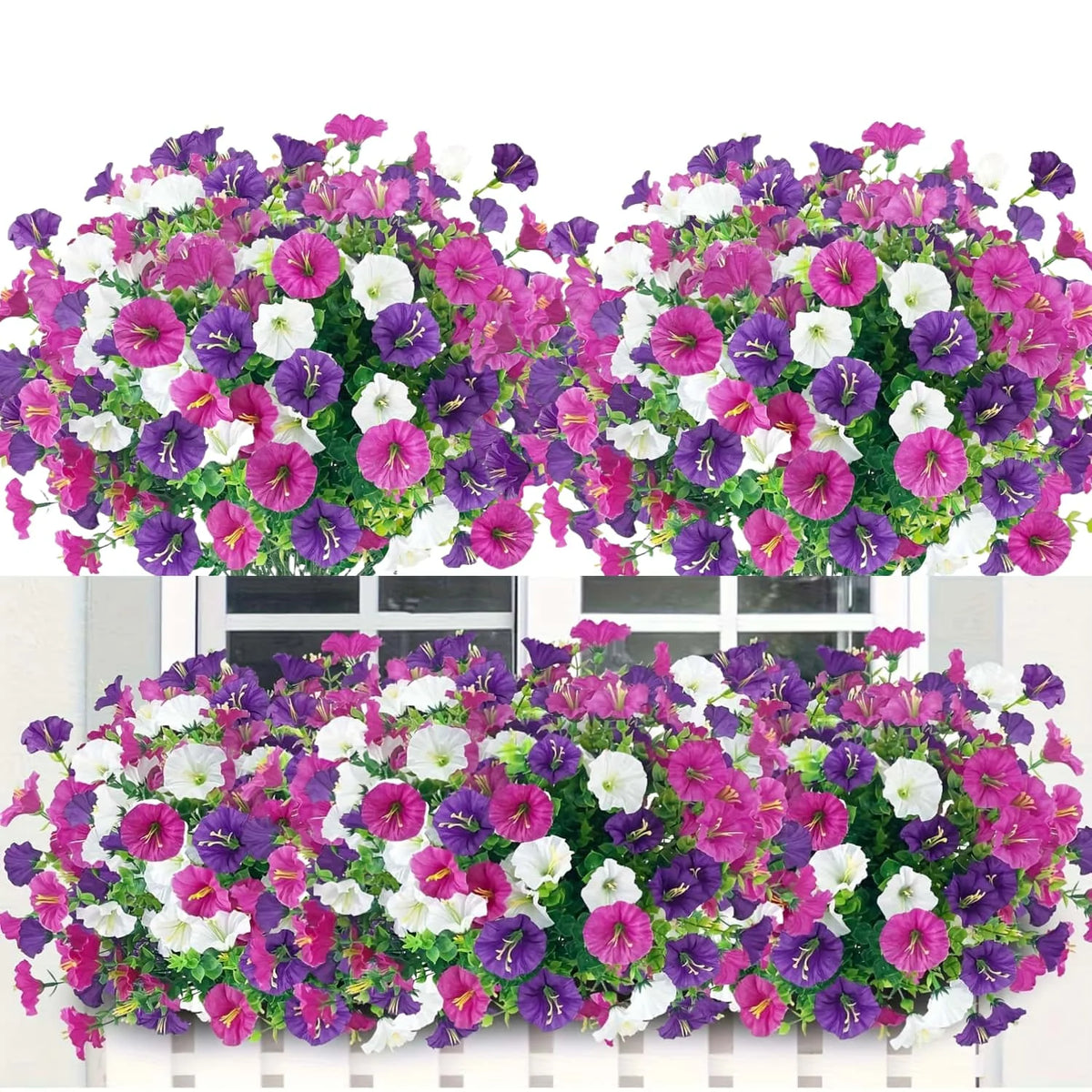 A vibrant display of colorful artificial flowers featuring purple, pink, and white blooms.