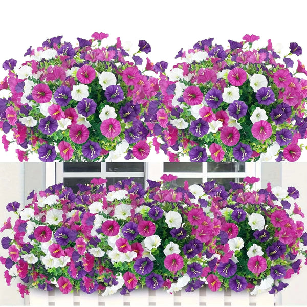 A vibrant display of colorful artificial flowers featuring purple, pink, and white blooms.