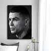 A black and white portrait of Cristiano Ronaldo, a football legend, displayed as modern wall art print.