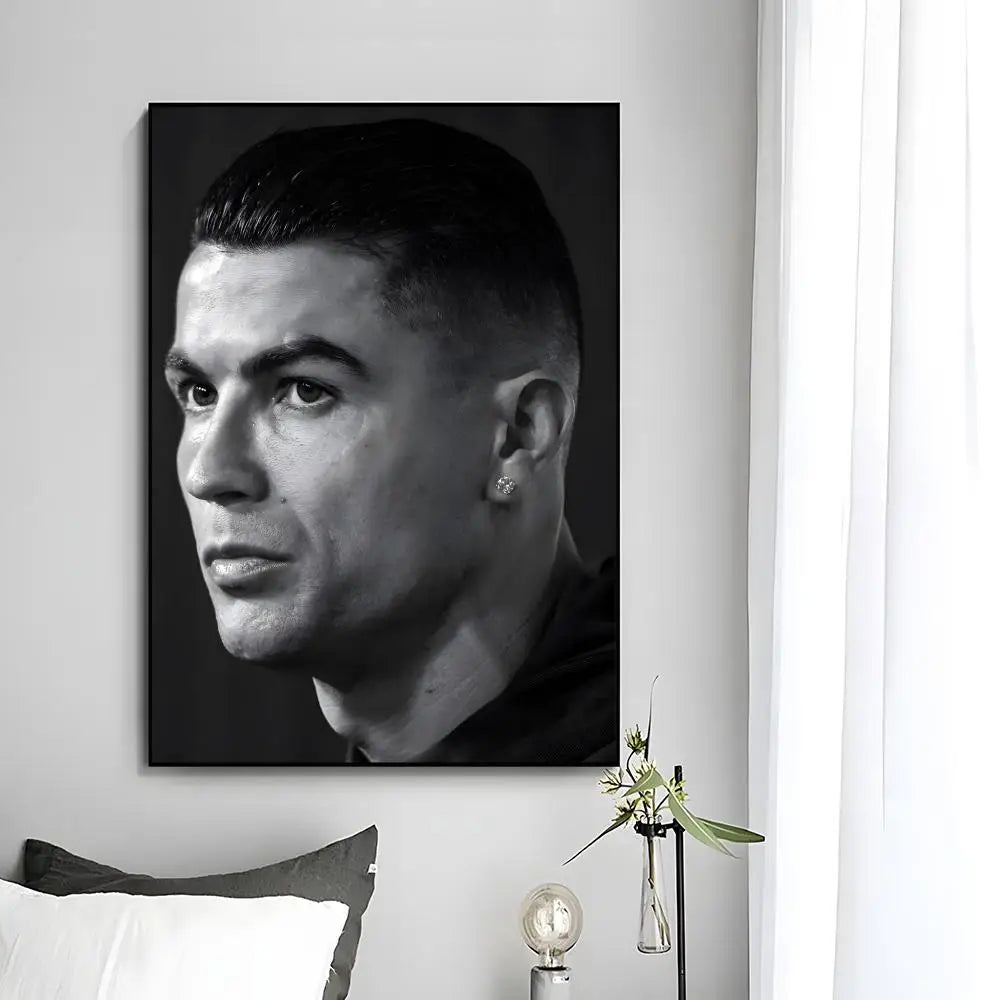 A black and white portrait of Cristiano Ronaldo, a football legend, displayed as modern wall art print.
