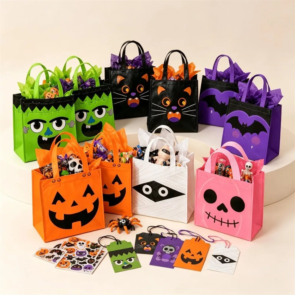 A collection of reusable Halloween candy bags in various colors and designs, including black, purple, orange, and green.