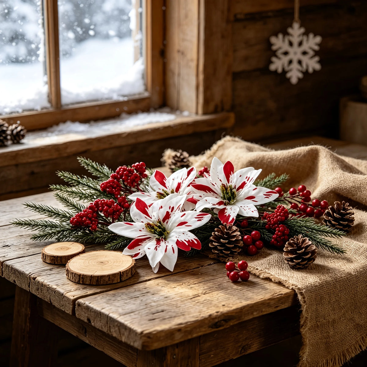 A festive bouquet of red and white artificial flowers, pinecones, and greenery displayed on a wooden table near a snowy windo