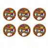 Six circular wooden trays filled with colorful silicone beads, including small plants and cat figures.