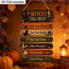 A vertical wooden sign set featuring witch's fall rules carved into wood, displayed in an autumn setting.