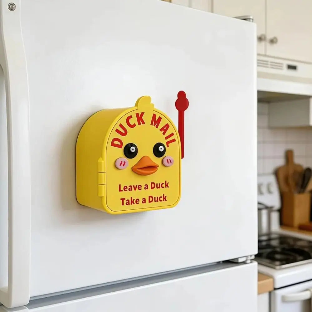 Yellow magnetic mailbox cover shaped like a duck with the text Leave a Duck Take a Duck mounted on a white refrigerator.