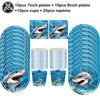 Set of blue shark foil balloons and various plates cups and napkins for an ocean-themed party decoration