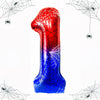 A large, red and blue number foil balloon shaped like the number 1, surrounded by spider webs.