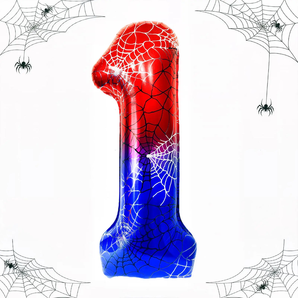 A large, red and blue number foil balloon shaped like the number 1, surrounded by spider webs.