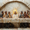 A painting depicting the Last Supper with Jesus and his disciples gathered around a table within an arched, rocky setting.