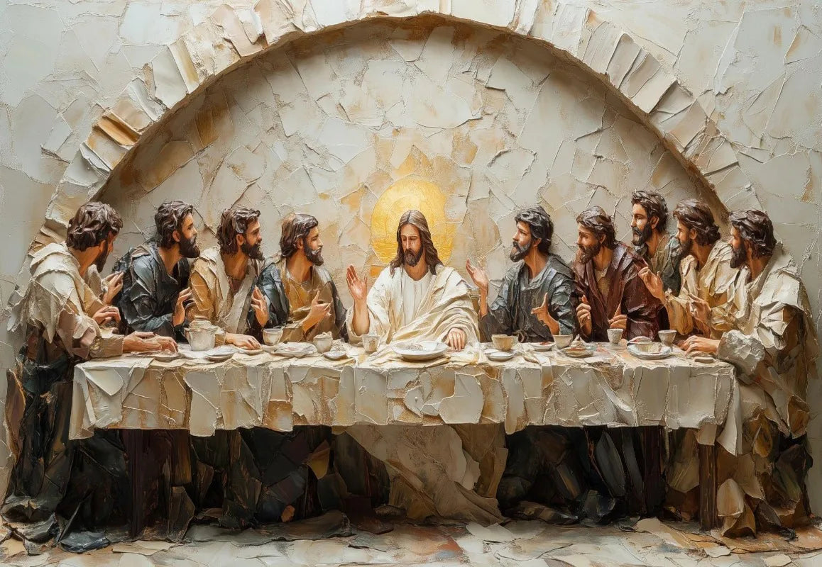 A painting depicting the Last Supper with Jesus and his disciples gathered around a table within an arched, rocky setting.