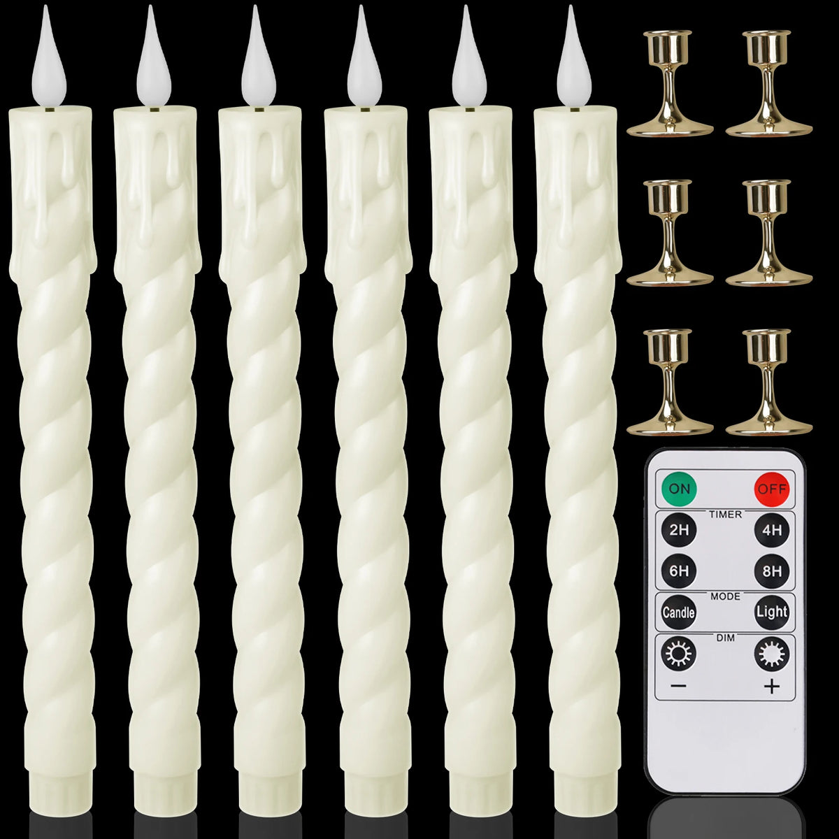 A set of white fluted LED taper candles with gold-colored remote controls for timer and light functions.