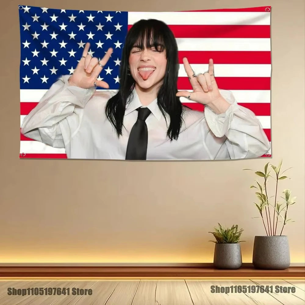 A woman wearing a white shirt posing with hand gestures against an American flag backdrop.