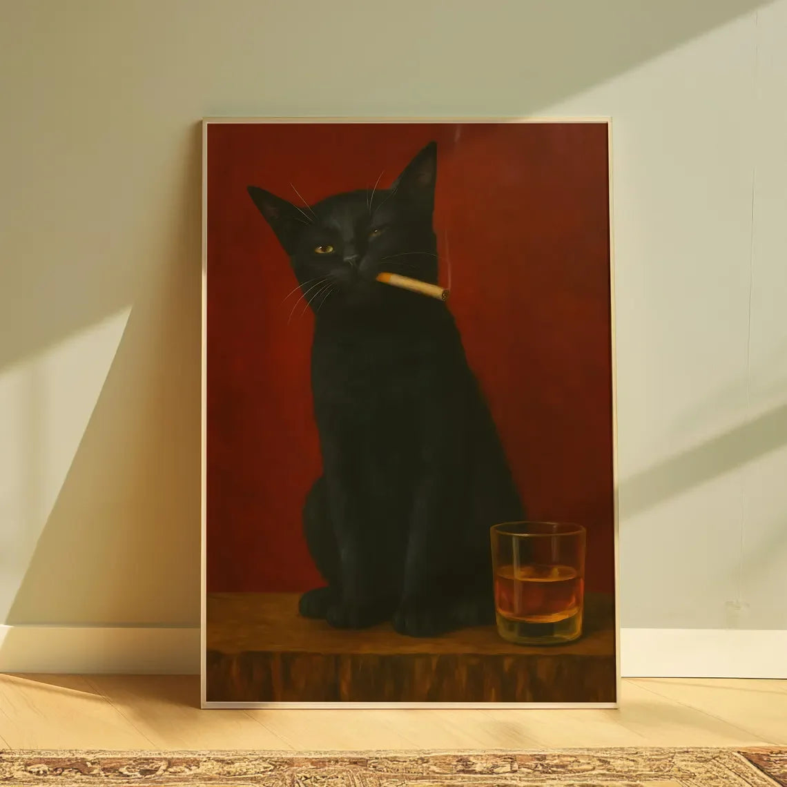 A painting of a black cat sitting on a wooden surface against a deep red background.