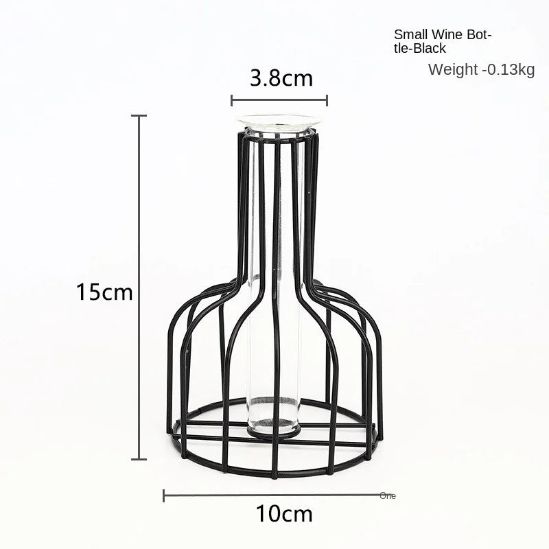 Black iron hollow vase with a cylindrical glass top and a circular base for flower arrangements