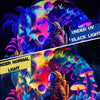 A vibrant psychedelic alien tapestry featuring a space explorer under UV and black light with tropical plants and glowing fun