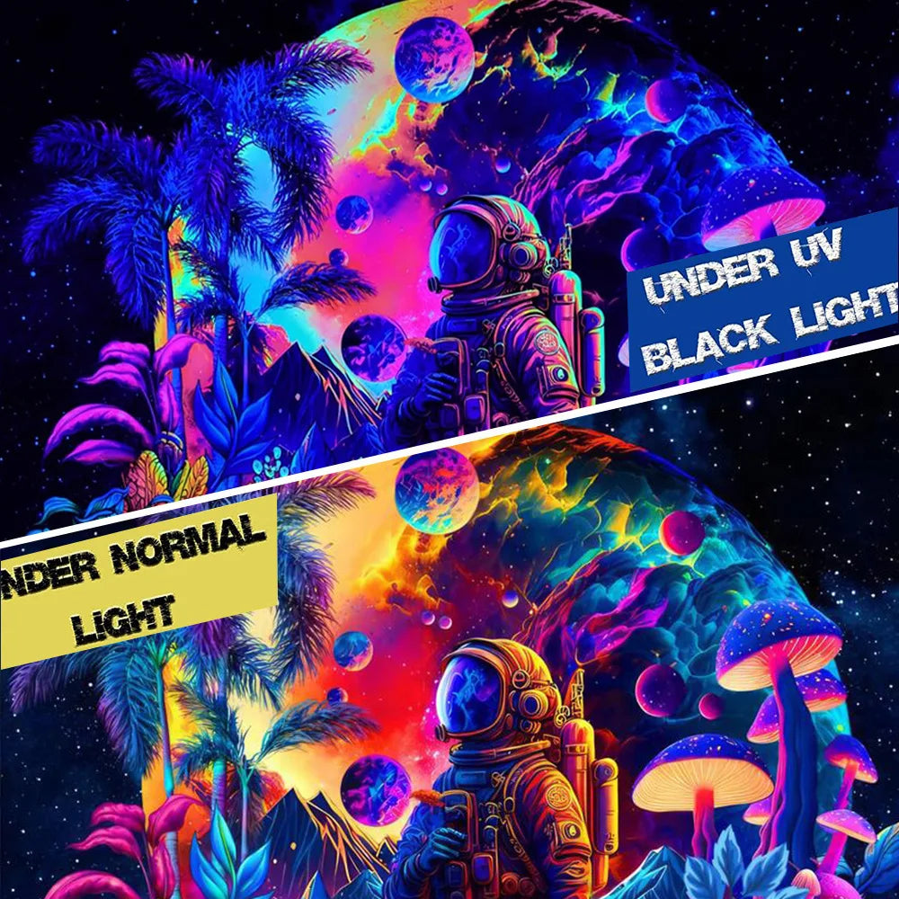 A vibrant psychedelic alien tapestry featuring a space explorer under UV and black light with tropical plants and glowing fun