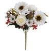 Un bouquet de fleurs artificielles blanches et crème, incluant des tournesols et des pivoines, avec du feuillage vert foncé.