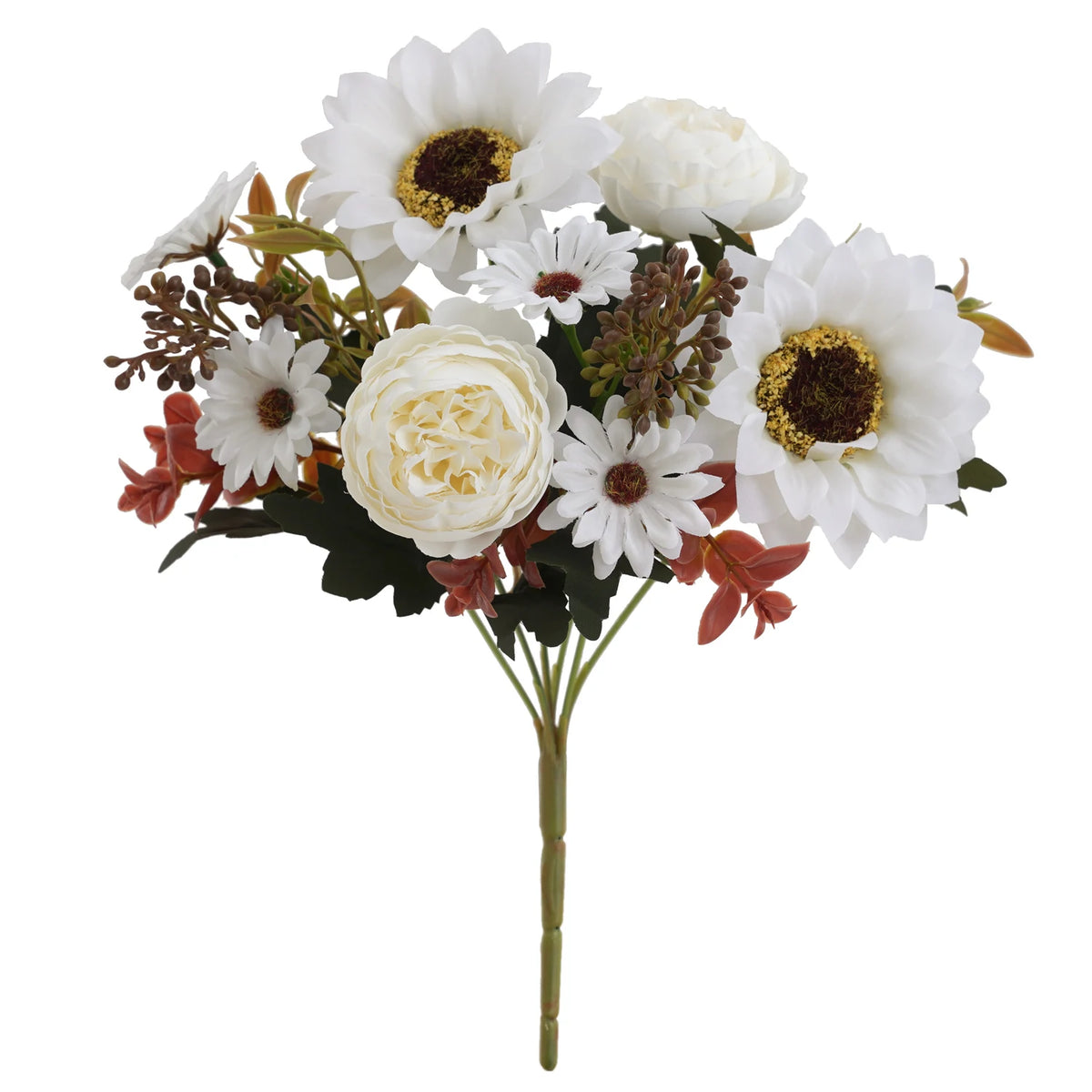 Un bouquet de fleurs artificielles blanches et crème, incluant des tournesols et des pivoines, avec du feuillage vert foncé.