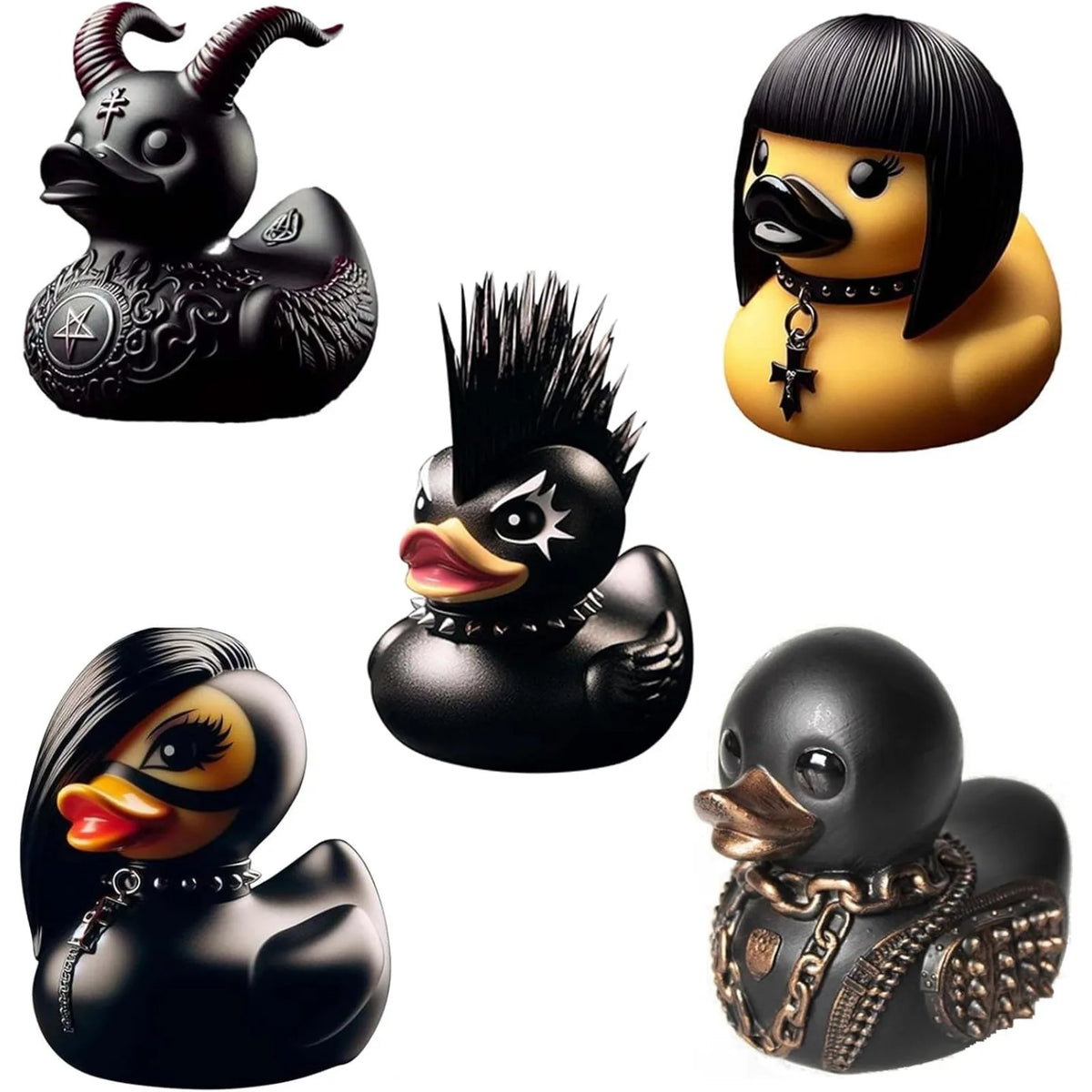 A set of seven black rubber duck figurines featuring various designs and textures.