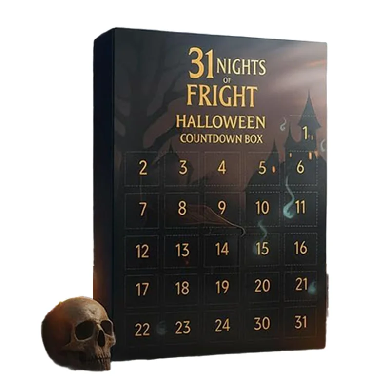 A box for a 31 Nights of fright Halloween countdown box featuring a calendar layout.