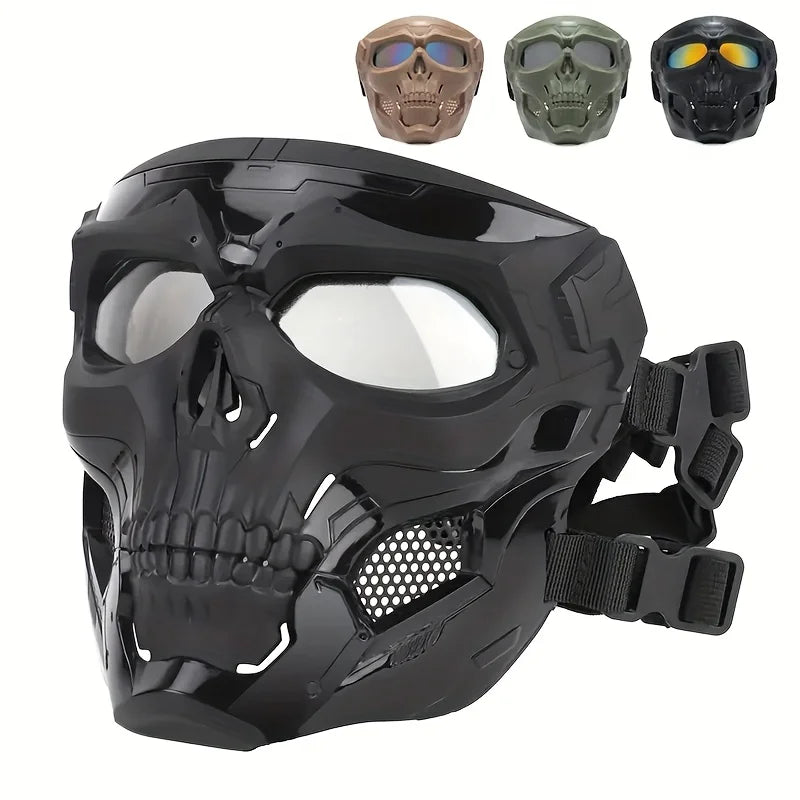 Masque de cosplay crâne intégral anti-vent noir avec divers designs de crânes.