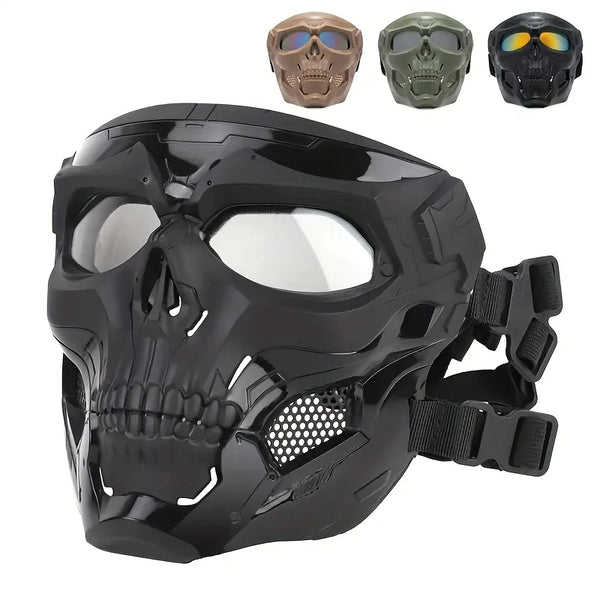 Schwarze winddichte Vollgesichts-Totenkopf-Cosplaymaske mit verschiedenen Totenkopf-Designs.